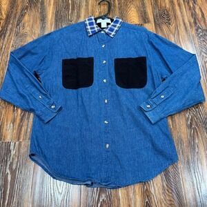 Vintage Women's S Preston & York‎ Blue Button Down Shirt Black Pockets Denim